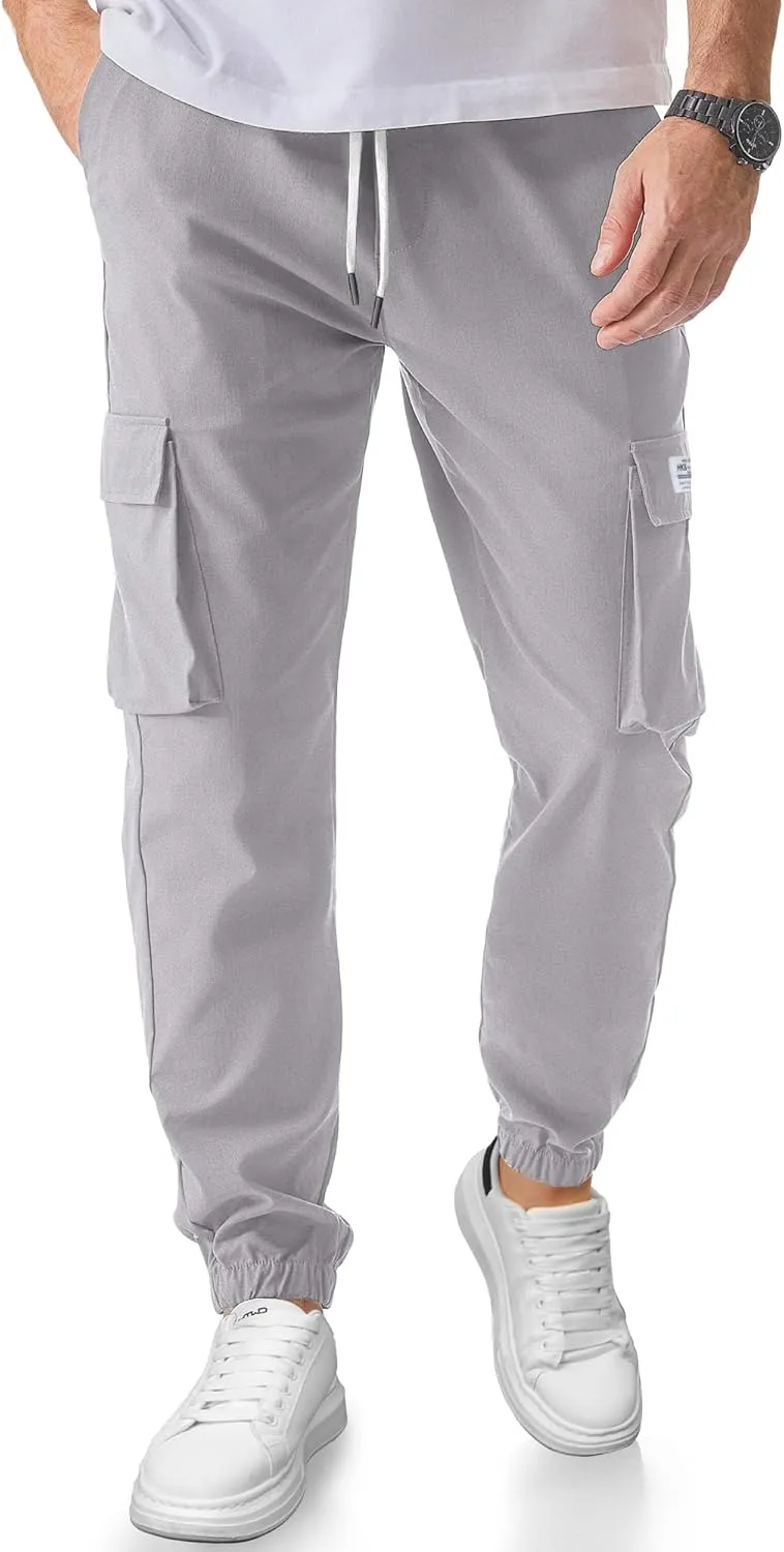 PLEPAN Mens Casual Cargo Joggers Stretch Elastic Waist Drawstring Tapered Sweatpants with Pockets