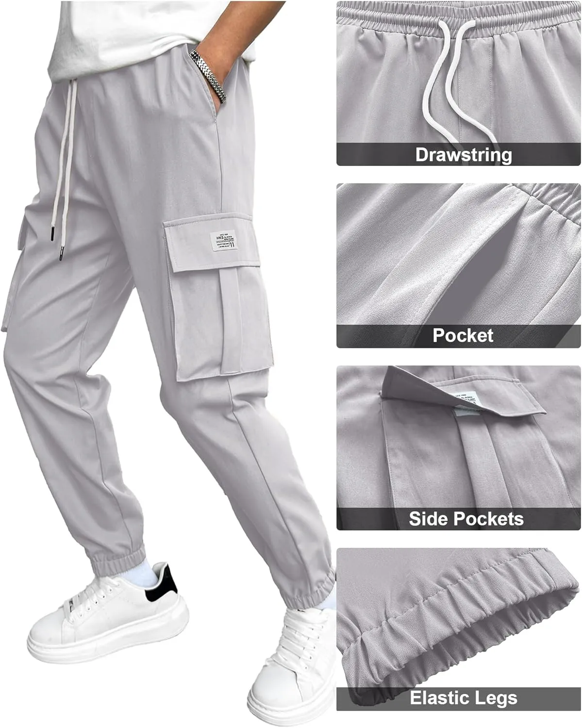PLEPAN Mens Casual Cargo Joggers Stretch Elastic Waist Drawstring Tapered Sweatpants with Pockets