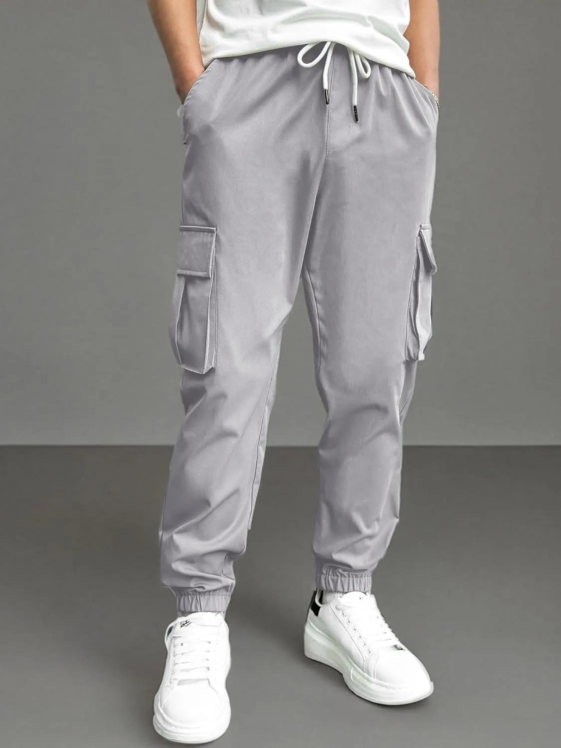 PLEPAN Mens Casual Cargo Joggers Stretch Elastic Waist Drawstring Tapered Sweatpants with Pockets