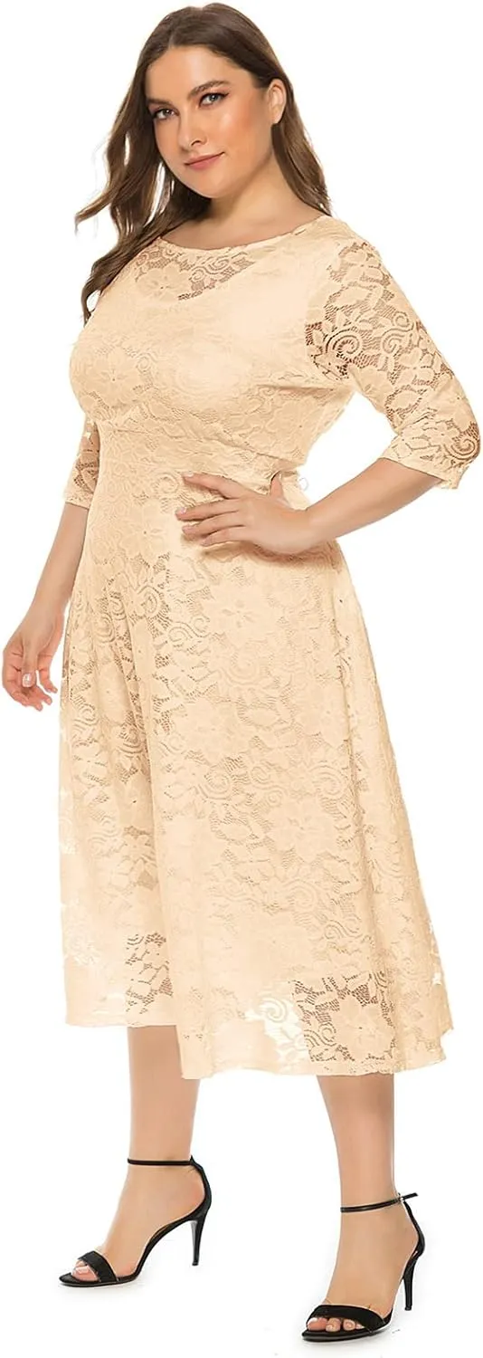 Plus Size Women Vintage Lace 3/4 Sleeve Midi Swing Evening Party Cocktail Wedding Bridesmaid Dresses