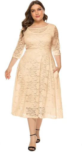 Plus Size Women Vintage Lace 3/4 Sleeve Midi Swing Evening Party Cocktail Wedding Bridesmaid Dresses