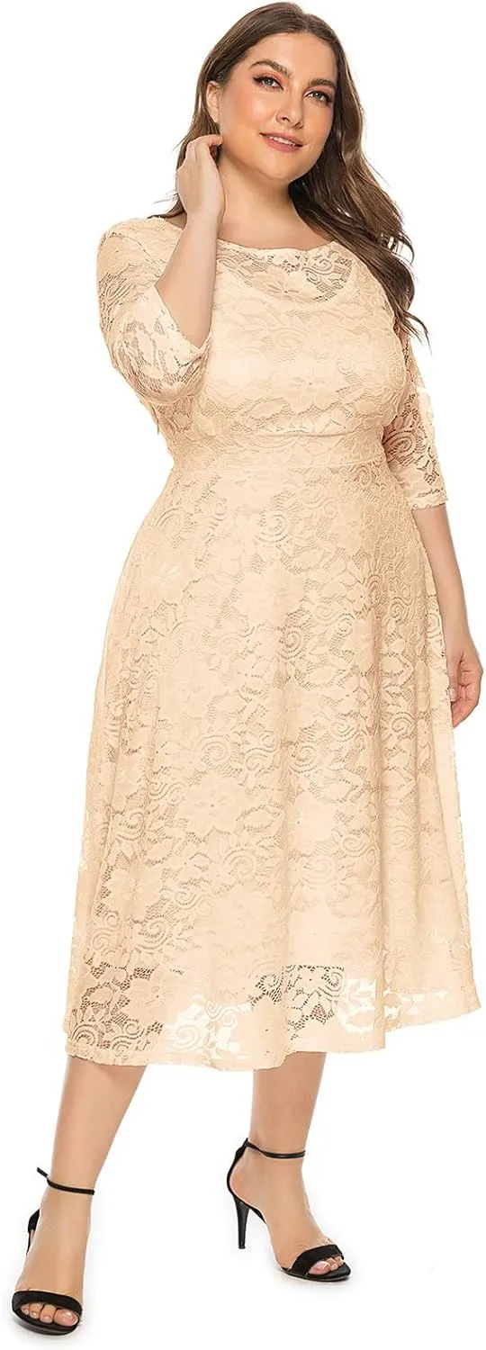 Plus Size Women Vintage Lace 3/4 Sleeve Midi Swing Evening Party Cocktail Wedding Bridesmaid Dresses
