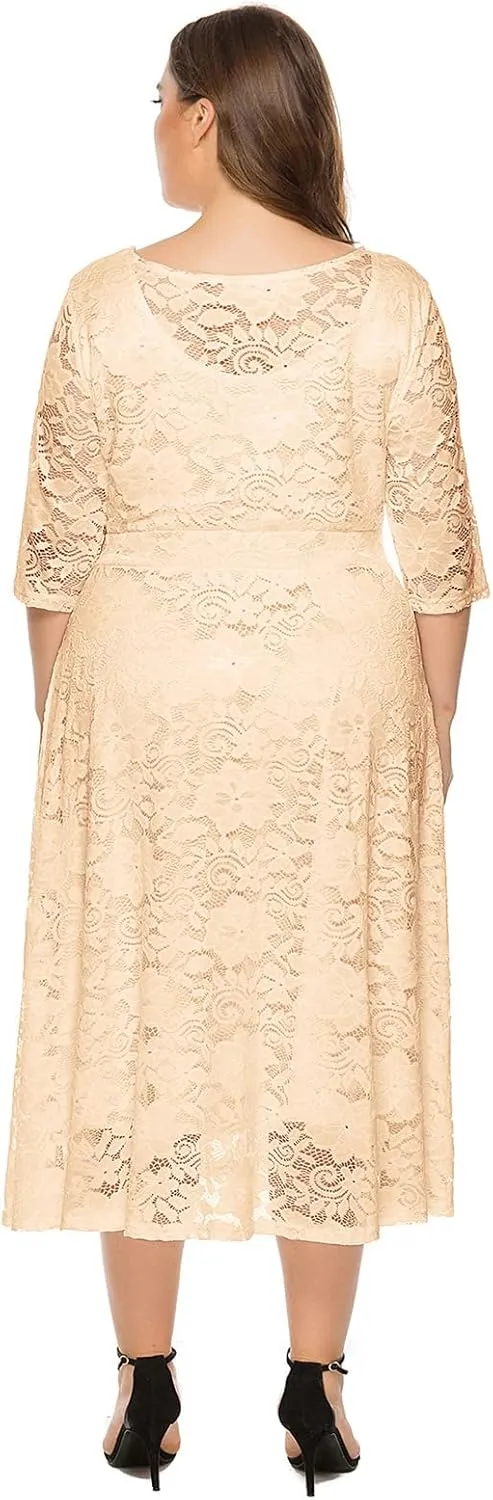 Plus Size Women Vintage Lace 3/4 Sleeve Midi Swing Evening Party Cocktail Wedding Bridesmaid Dresses