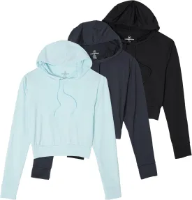 Real Essentials 3 Pack: Women's Dry-Fit Long Sleeve Cropped Hoodie - Athletic Hooded Crop Sweatshirt (Available in Plus Size)