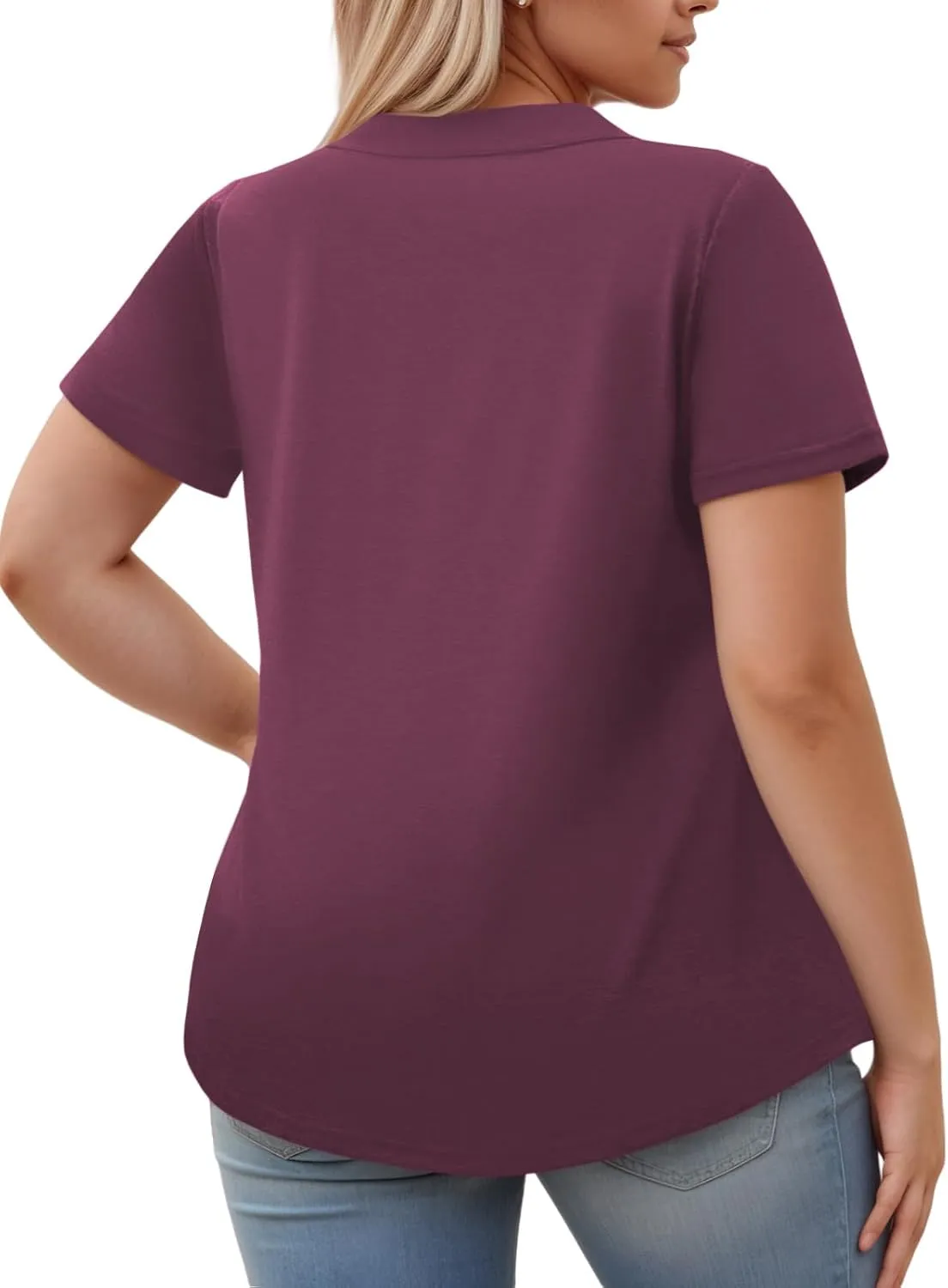 ROSRISS Plus-Size-Womens-Summer-Tops Casual Polo V Neck Work T Shirts Cute Flowy Pleated Blouses Trendy Short Sleeve Tunics
