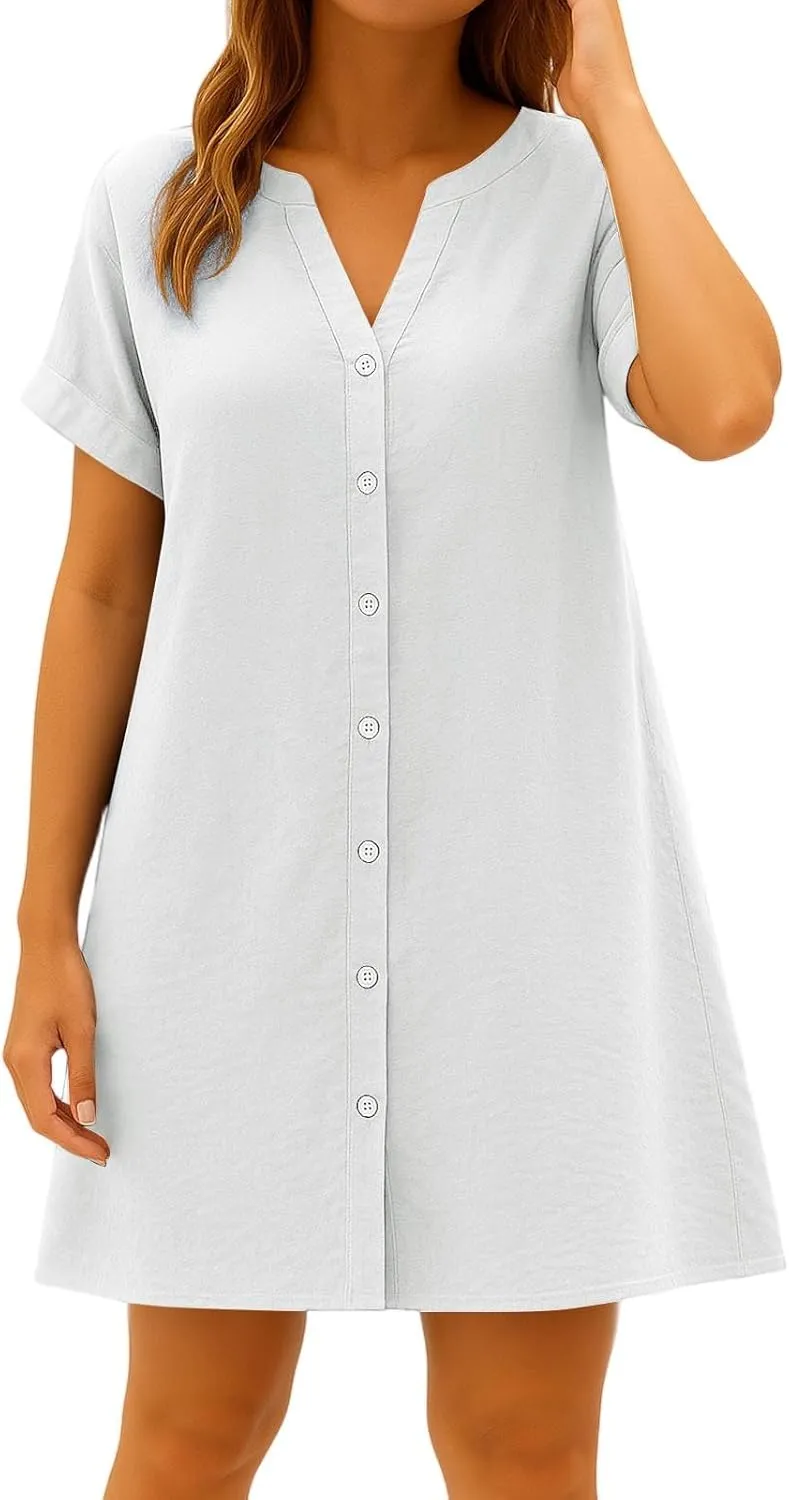 Summer Dresses for Women 2025 Cotton Linen Dressy Casual Mini Dress Short Sleeve Plus Size Bohemian Sundress