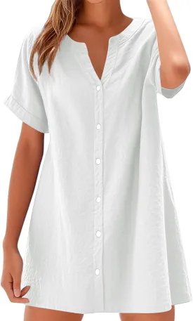 Summer Dresses for Women 2025 Cotton Linen Dressy Casual Mini Dress Short Sleeve Plus Size Bohemian Sundress
