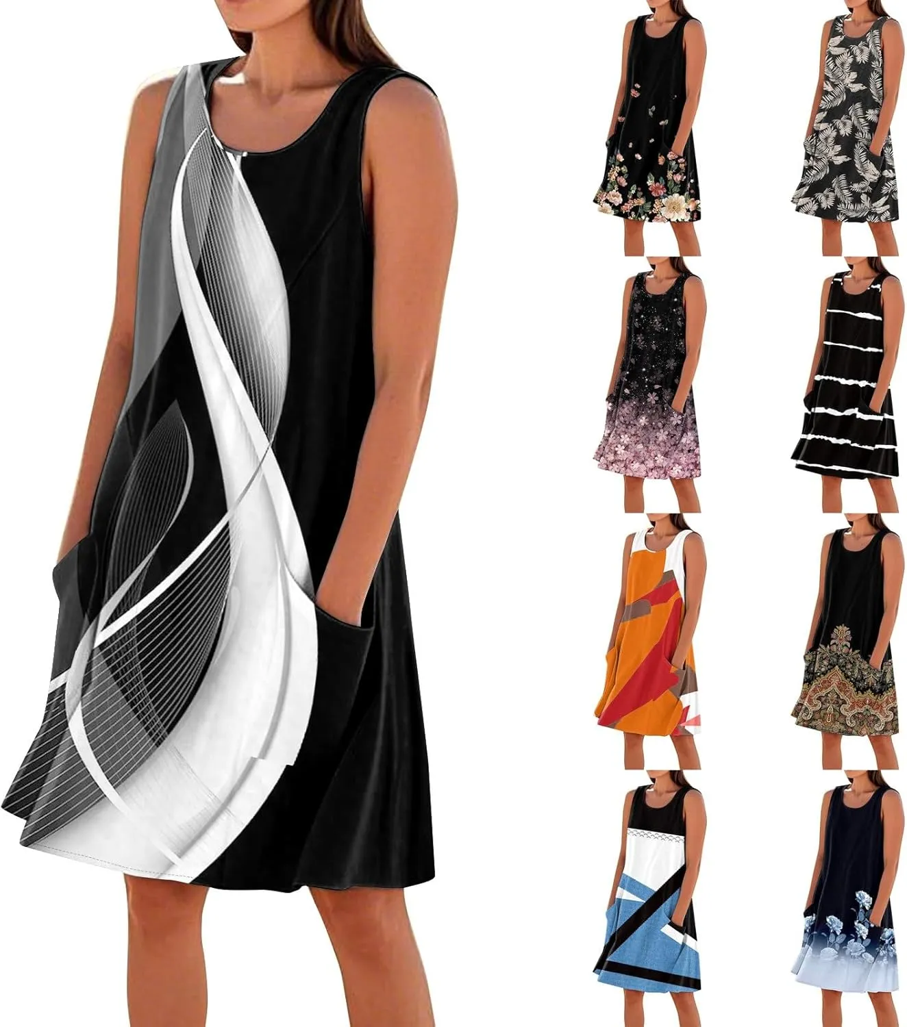 Summer Dresses for Women 2025 Crewneck Sleeveless Cotton Linen Tank Dress Beach Vacation Sundresses with Pockets