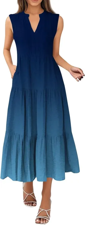 Summer Dresses for Women 2025 Maxi Casual Floral Boho Sundresses Sleeveless V-Neck Pleated Beach Vacation Tank Dress