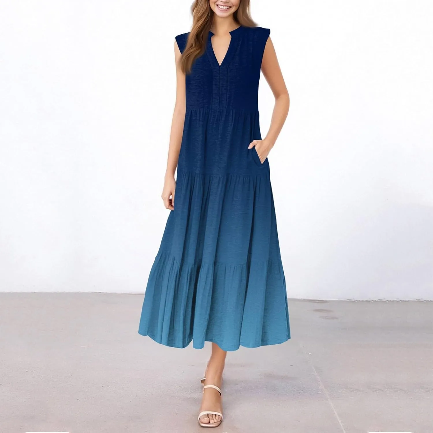 Summer Dresses for Women 2025 Maxi Casual Floral Boho Sundresses Sleeveless V-Neck Pleated Beach Vacation Tank Dress