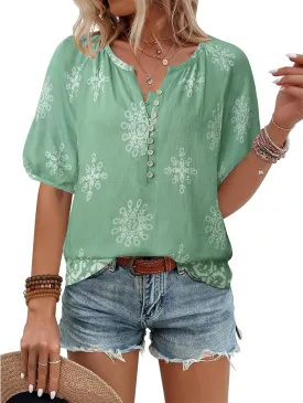 Unixseque Womens Summer Tops V Neck Short Sleeve Blouses Casual Button Down Shirts Floral Boho Clothing Trendy 2025
