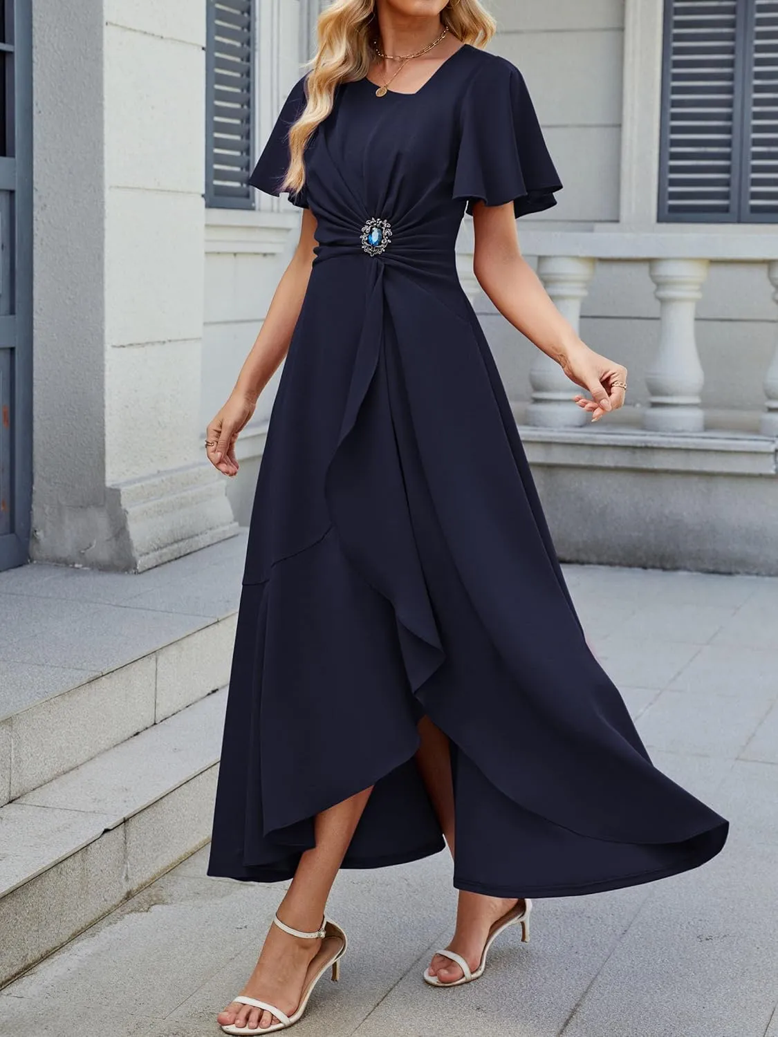 Wedding Guest Dresses for Women Have Pockets Cocktail Dress Ruffle Sleeve A Line Evening Party Formal Dresses for Women
