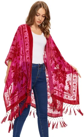 WeHello Women's Burnout Velvet Kimono Long Cardigan Cover Up with Tassel (Fuschia)