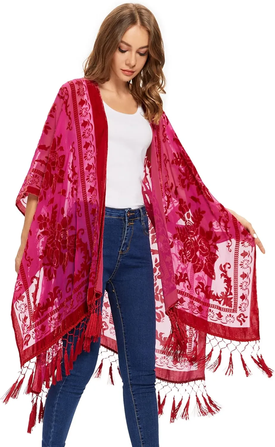 WeHello Women's Burnout Velvet Kimono Long Cardigan Cover Up with Tassel (Fuschia)