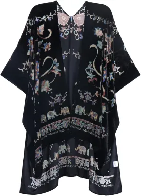 WeHello Women's Burnout Velvet Kimono Long Cardigan Cover Up Without Tassel Elephant Flower
