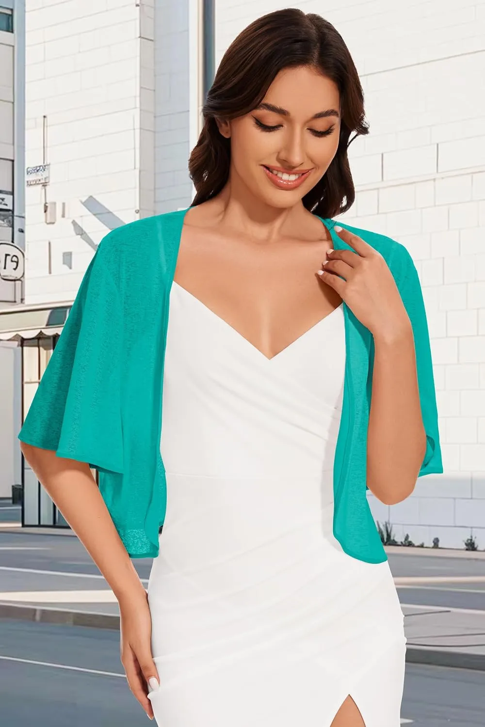 Women Bolero Shrug Cardigan Open Front Cover Up Sheer Short Sleeve Kimonos for Evening Dress