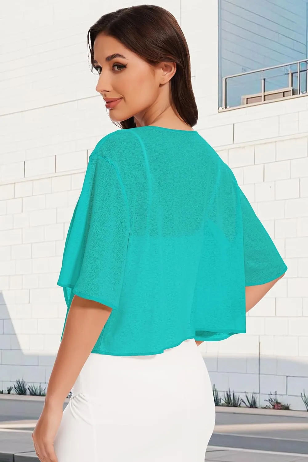 Women Bolero Shrug Cardigan Open Front Cover Up Sheer Short Sleeve Kimonos for Evening Dress