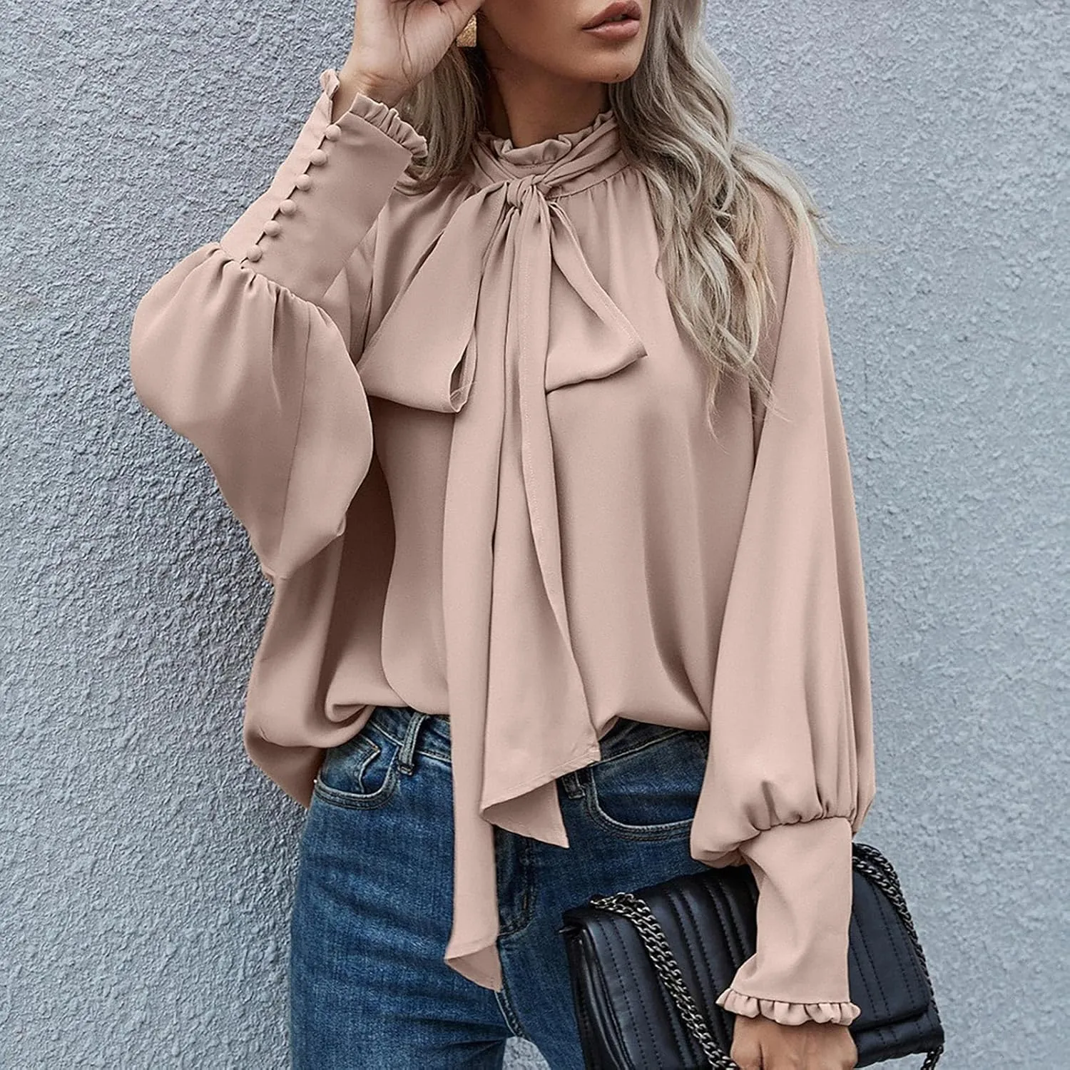 Women's Bow Tie Neck Shirts Casual Long Lantern Sleeve Tops Mock Neck Solid Color Blouses Dressy Elegant Work