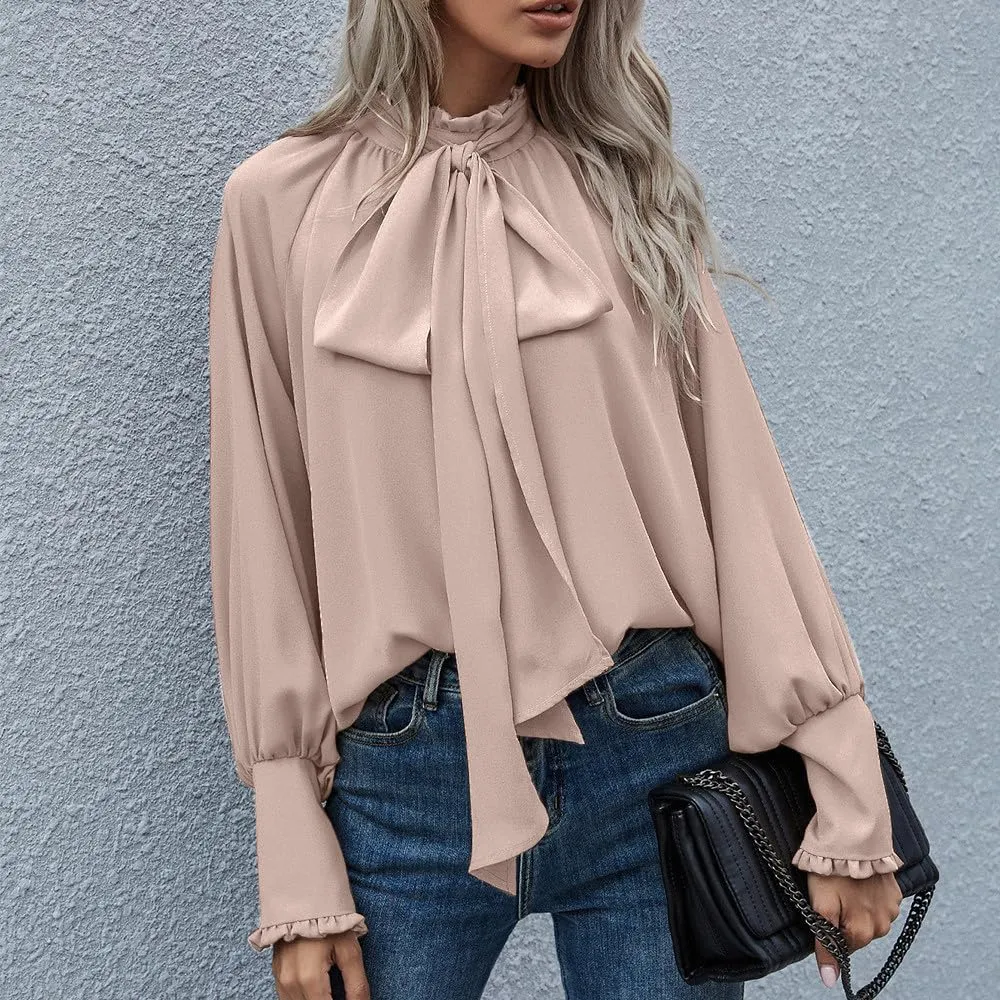 Women's Bow Tie Neck Shirts Casual Long Lantern Sleeve Tops Mock Neck Solid Color Blouses Dressy Elegant Work