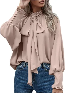 Women's Bow Tie Neck Shirts Casual Long Lantern Sleeve Tops Mock Neck Solid Color Blouses Dressy Elegant Work