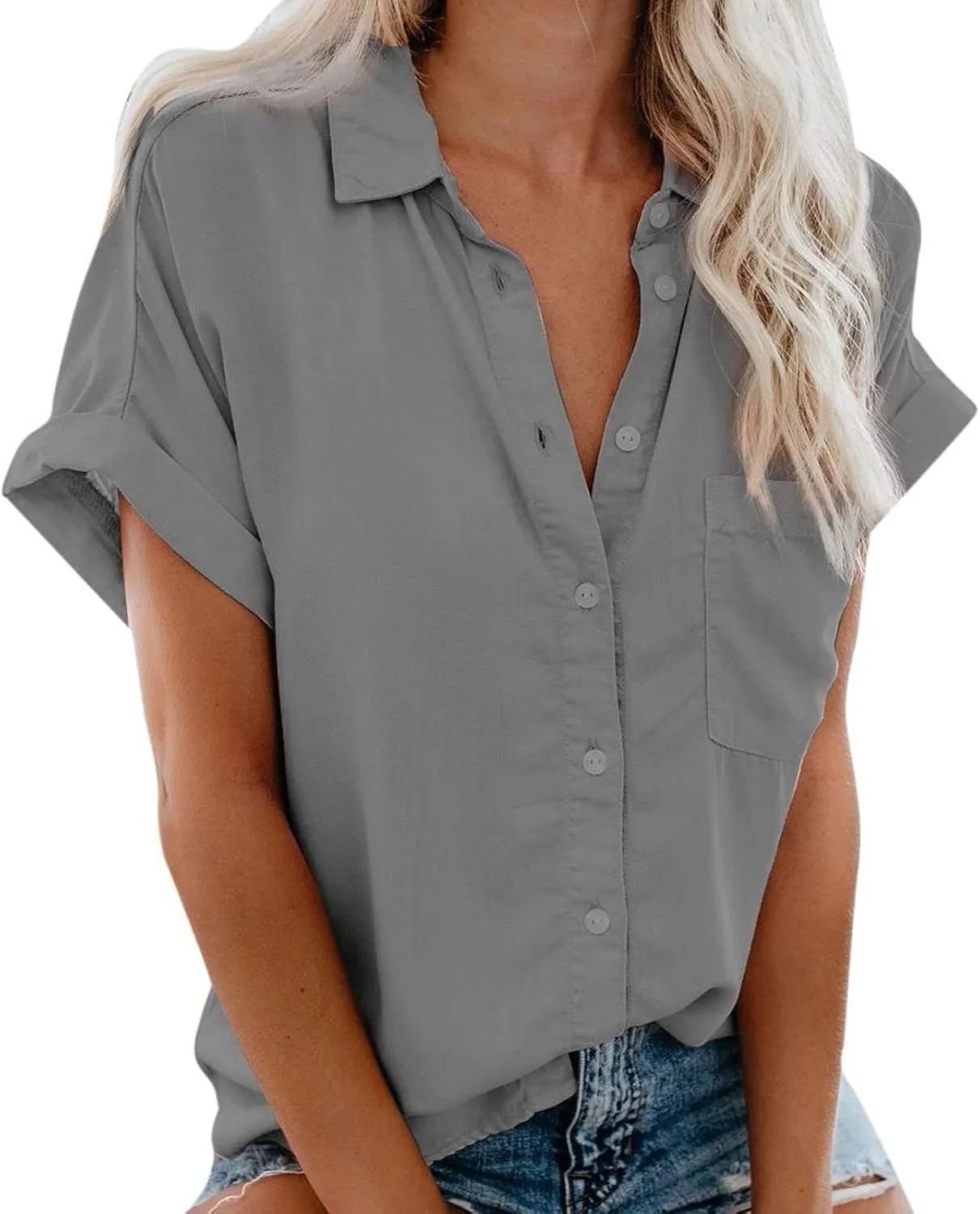 Womens Button Down Shirts Casual Cap Sleeve V Neck Shirt Business Work Blouses Slim Fit Summer Fashion Dressy Tops