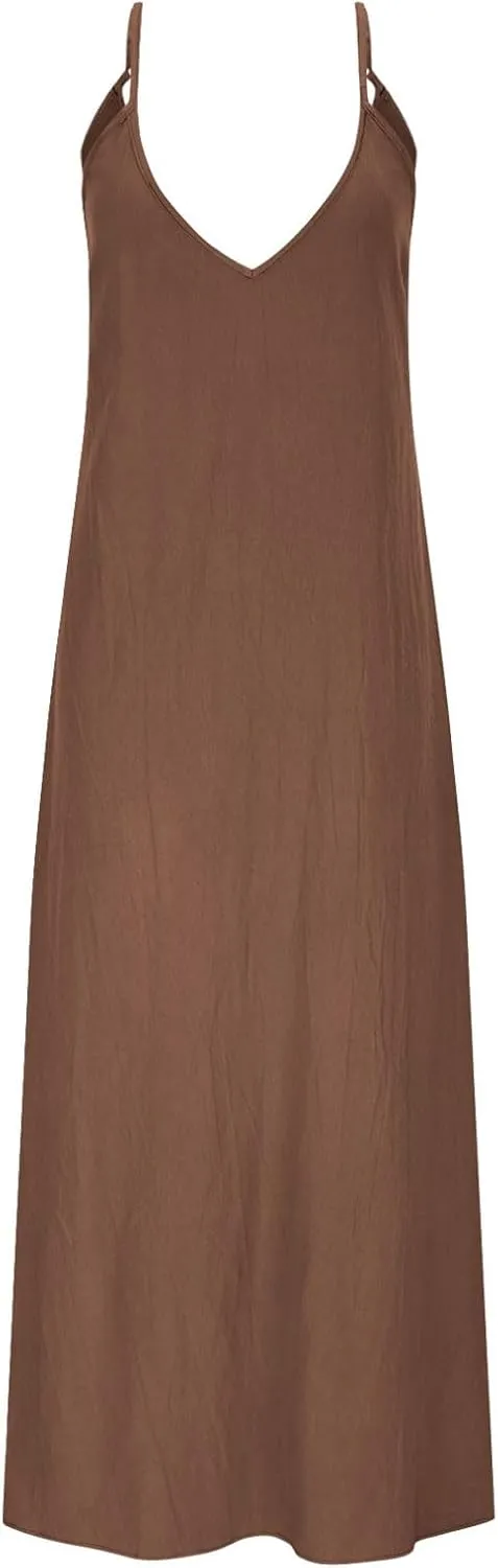 Women's Cami Dress Cotton Linen Sleeveless Maxi Dress 2025 Summer Loose Casual Dresses Plain V-Neck Spaghetti Strap Sundress