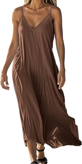 Women's Cami Dress Cotton Linen Sleeveless Maxi Dress 2025 Summer Loose Casual Dresses Plain V-Neck Spaghetti Strap Sundress