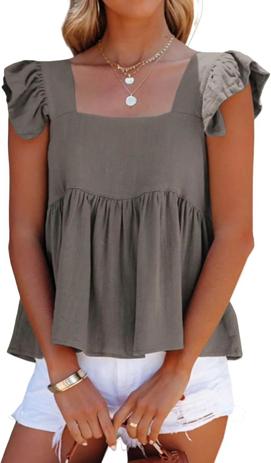 Women's Casual Summer Square Neck Tank Tops Ruffle Strap Sleeveless Peplum Blouse Chiffon Top Shirts