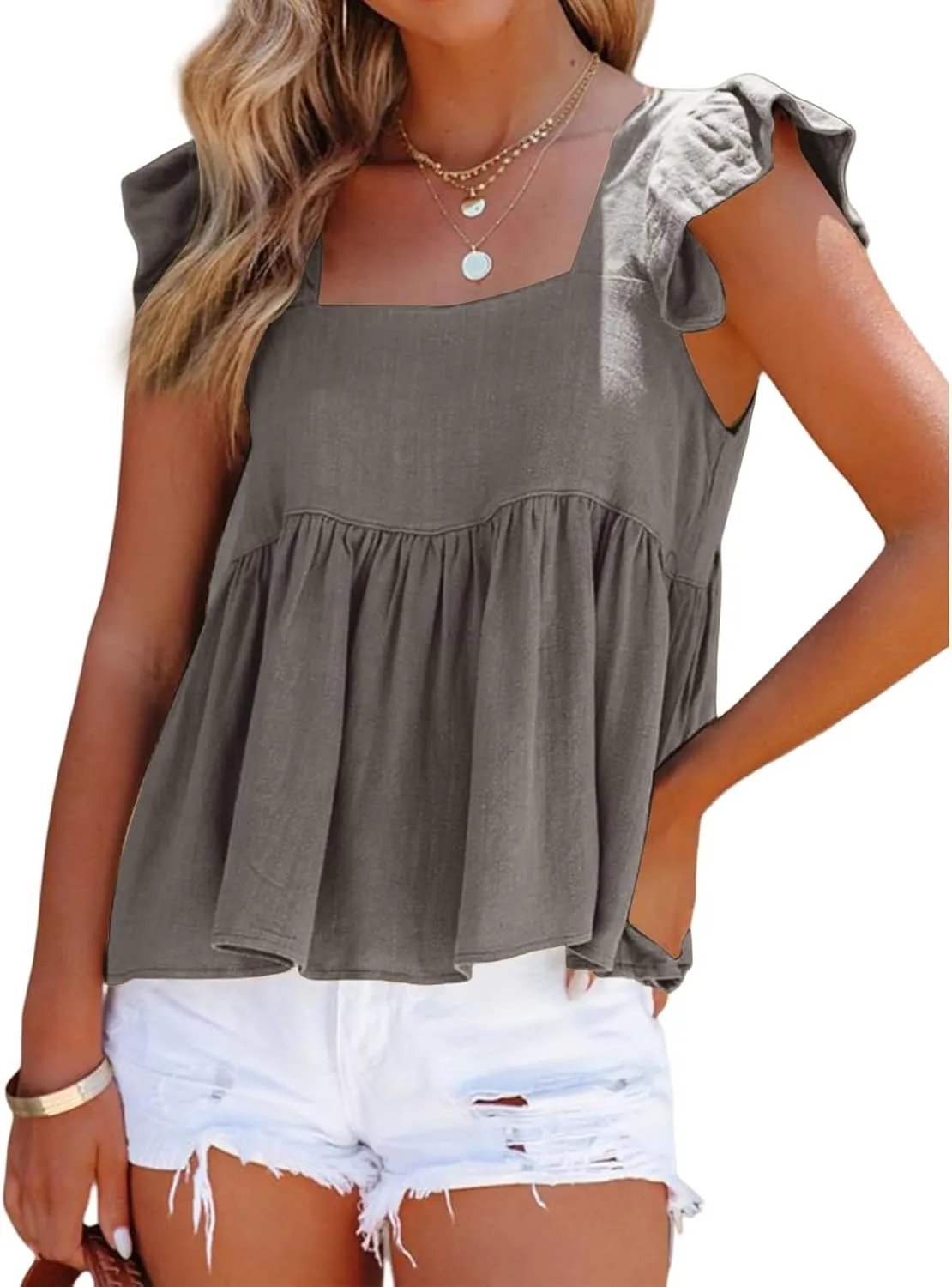 Women's Casual Summer Square Neck Tank Tops Ruffle Strap Sleeveless Peplum Blouse Chiffon Top Shirts