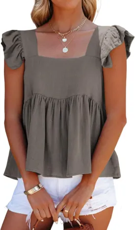 Women's Casual Summer Square Neck Tank Tops Ruffle Strap Sleeveless Peplum Blouse Chiffon Top Shirts