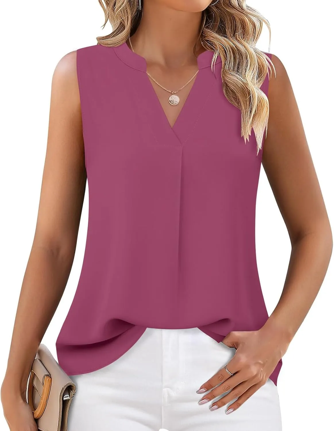Women's Chiffon Tank Tops Sleeveless V Neck Blouse Dressy Casual Tops Office Work Shirts Trendy Business Tops