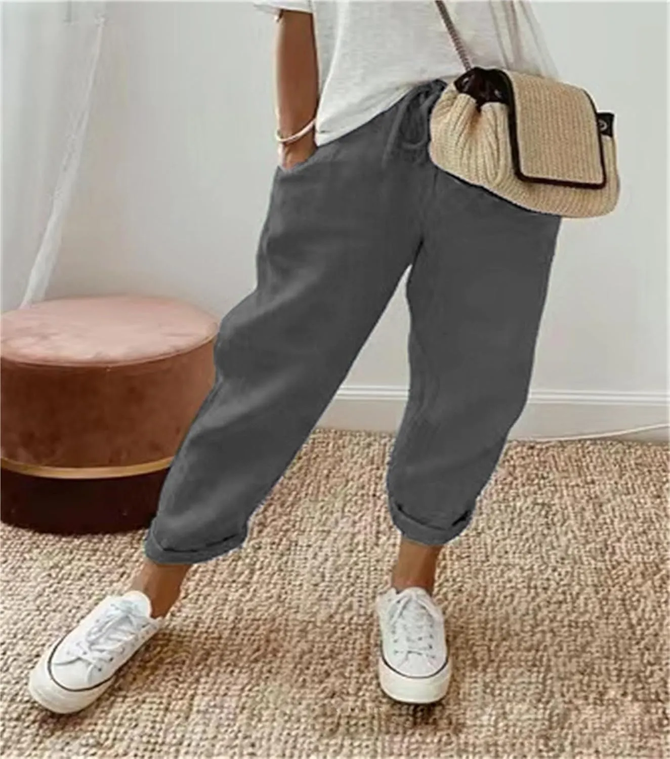 Women's Cotton Tapered Capri Casual Pants Elastic Waist Ankle Cropped Loose Fit Trouser with Pockets