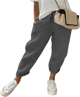 Women's Cotton Tapered Capri Casual Pants Elastic Waist Ankle Cropped Loose Fit Trouser with Pockets