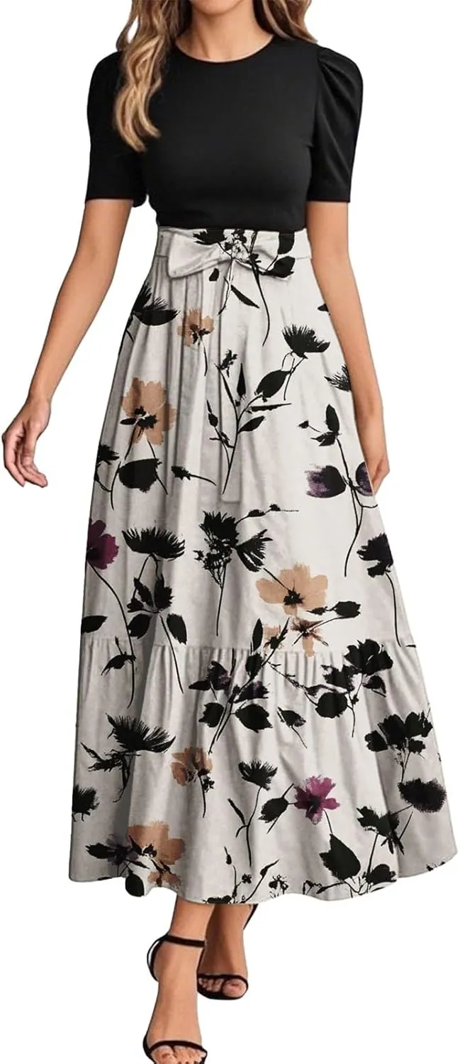 Women's Floral Summer Maxi Dresses Boho Tie Belted Patchwork Empire Waist Short Sleeve Ruffle Flowy Long Dress