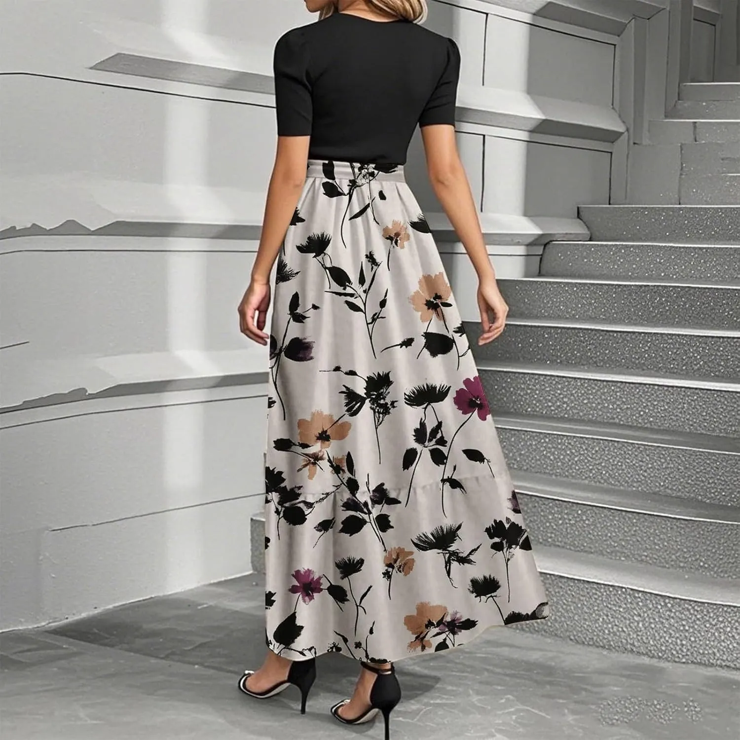 Women's Floral Summer Maxi Dresses Boho Tie Belted Patchwork Empire Waist Short Sleeve Ruffle Flowy Long Dress