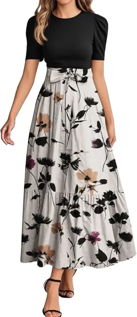 Women's Floral Summer Maxi Dresses Boho Tie Belted Patchwork Empire Waist Short Sleeve Ruffle Flowy Long Dress