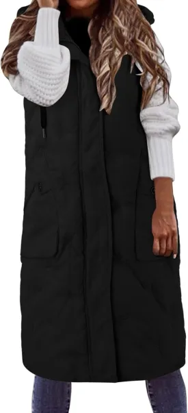 Womens Long Down Vest with Hood Fashion Thickened Hooded Sleeveless Puffer Jackets Long Coats Warm Winter Outerwear