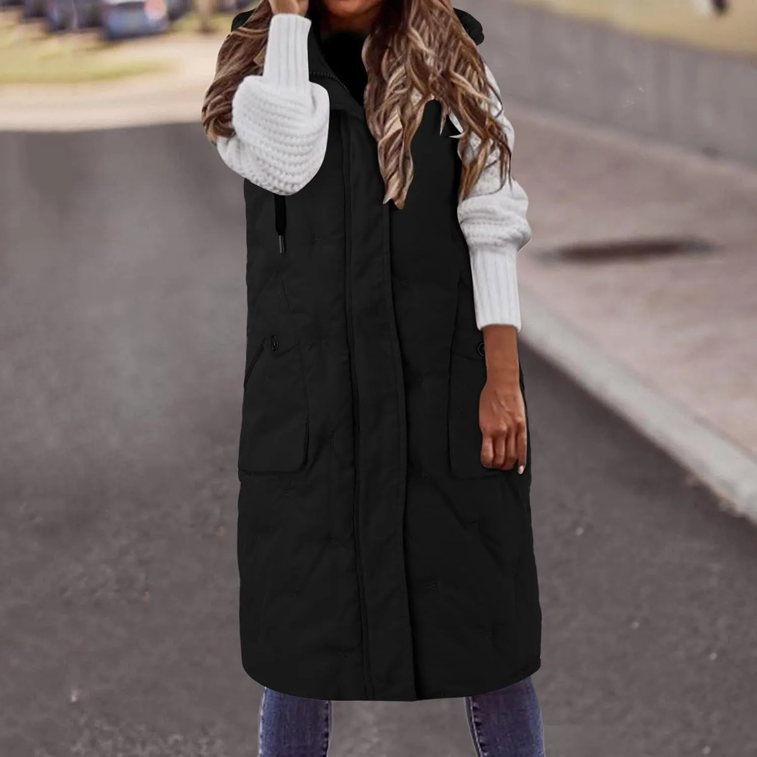 Womens Long Down Vest with Hood Fashion Thickened Hooded Sleeveless Puffer Jackets Long Coats Warm Winter Outerwear