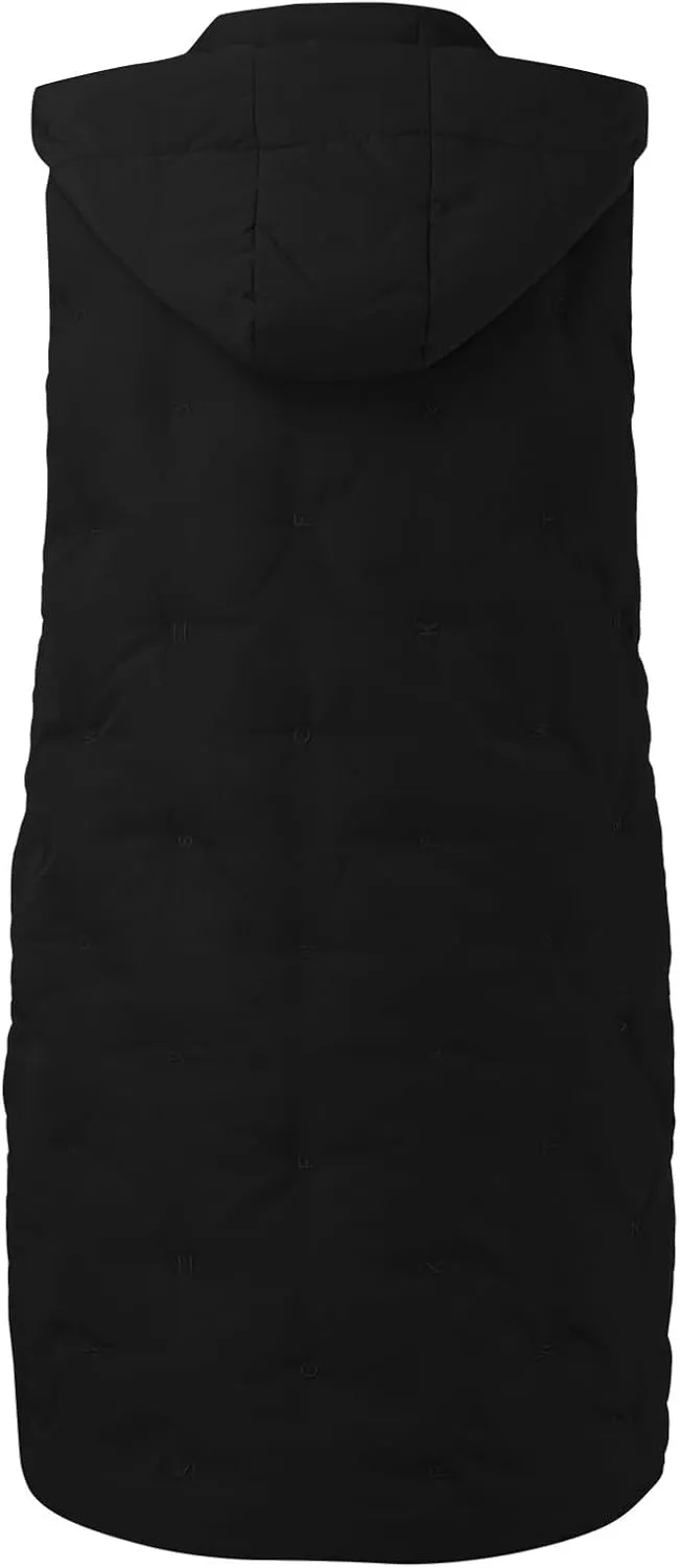 Womens Long Down Vest with Hood Fashion Thickened Hooded Sleeveless Puffer Jackets Long Coats Warm Winter Outerwear