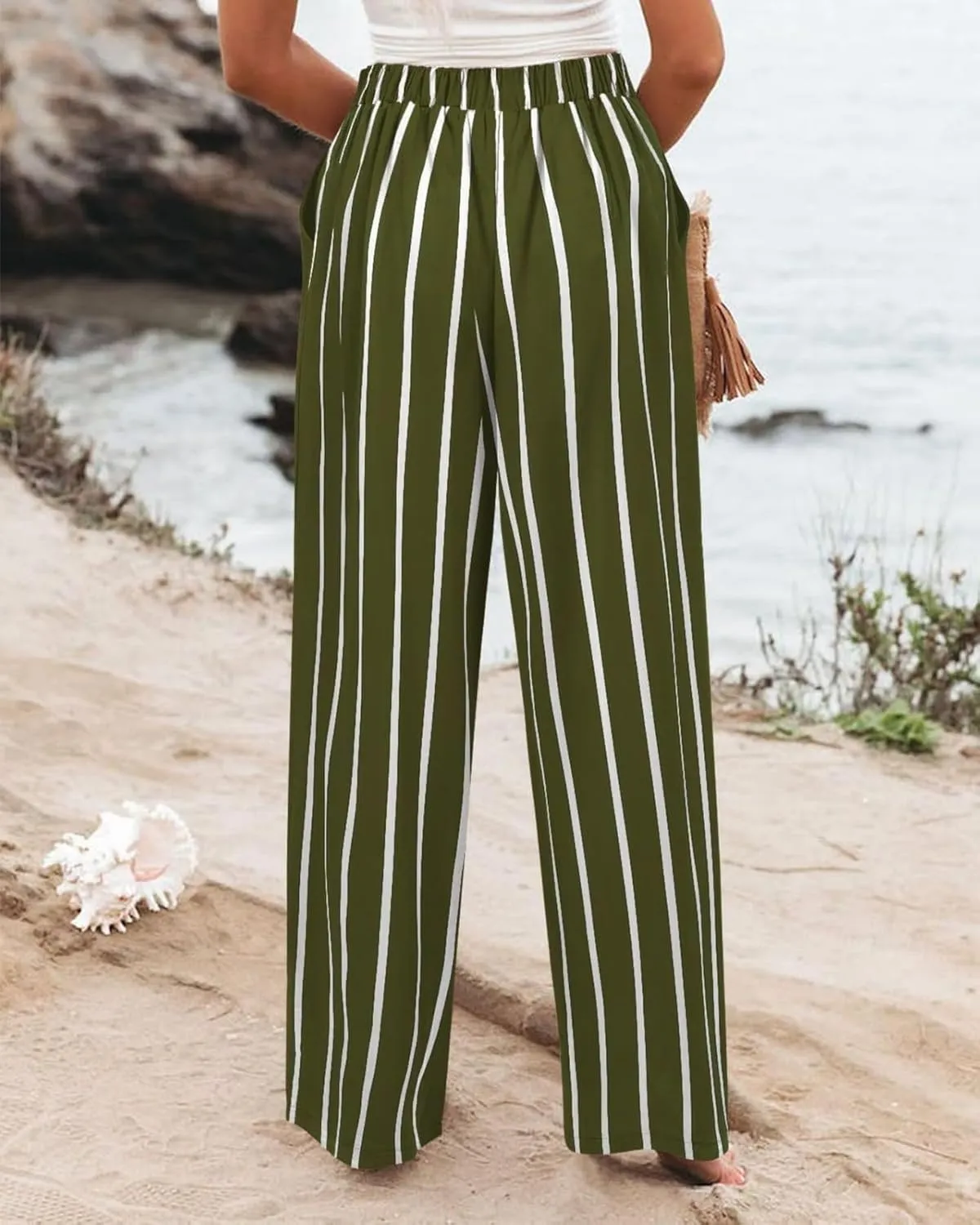 Women's Solid Color Casual High Waisted Buttoned Elastic Pocket Wide Leg Straight Dressy Loose Fit Pants