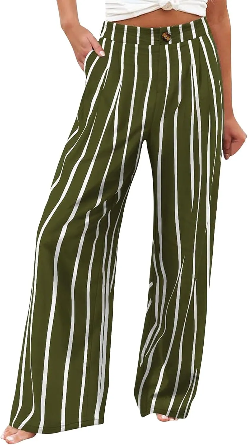 Women's Solid Color Casual High Waisted Buttoned Elastic Pocket Wide Leg Straight Dressy Loose Fit Pants