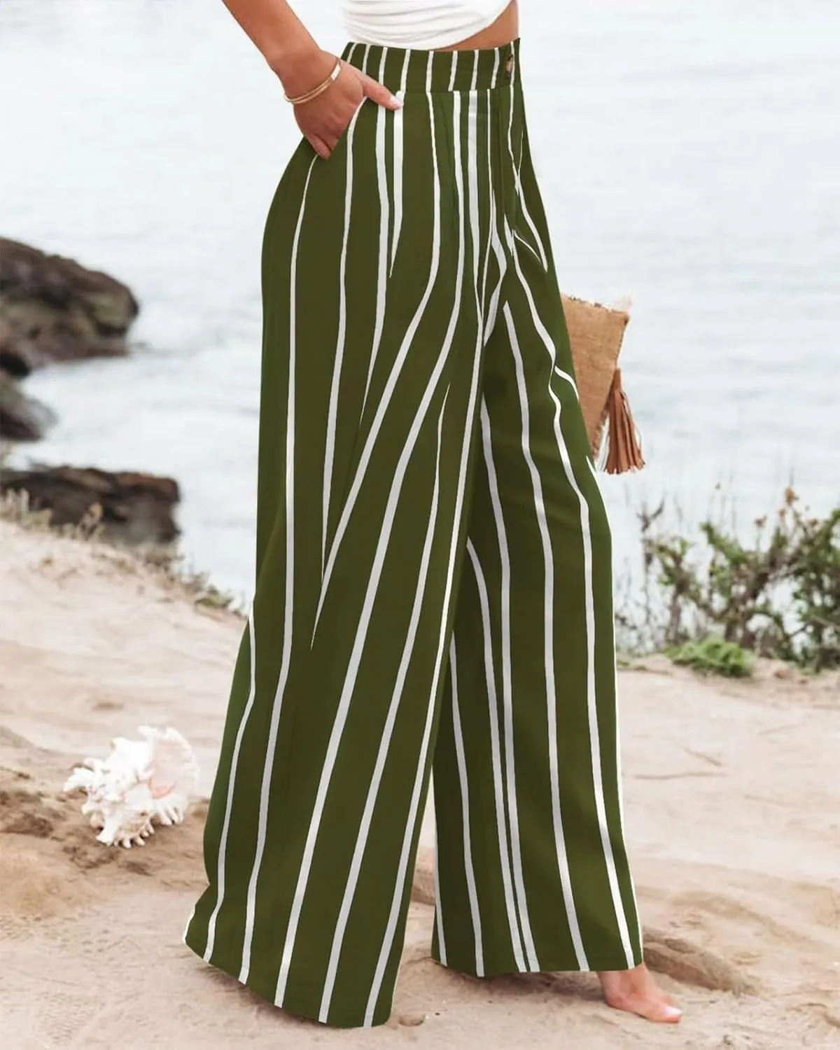 Women's Solid Color Casual High Waisted Buttoned Elastic Pocket Wide Leg Straight Dressy Loose Fit Pants