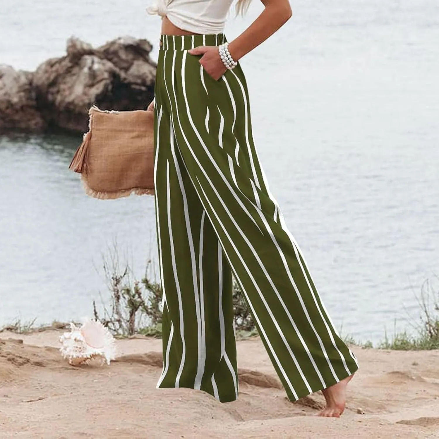Women's Solid Color Casual High Waisted Buttoned Elastic Pocket Wide Leg Straight Dressy Loose Fit Pants