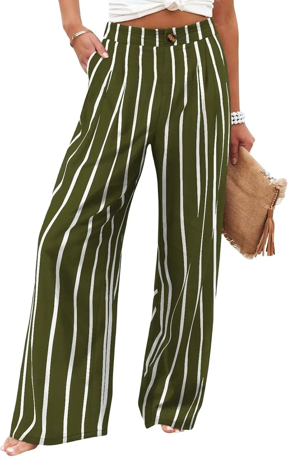 Women's Solid Color Casual High Waisted Buttoned Elastic Pocket Wide Leg Straight Dressy Loose Fit Pants
