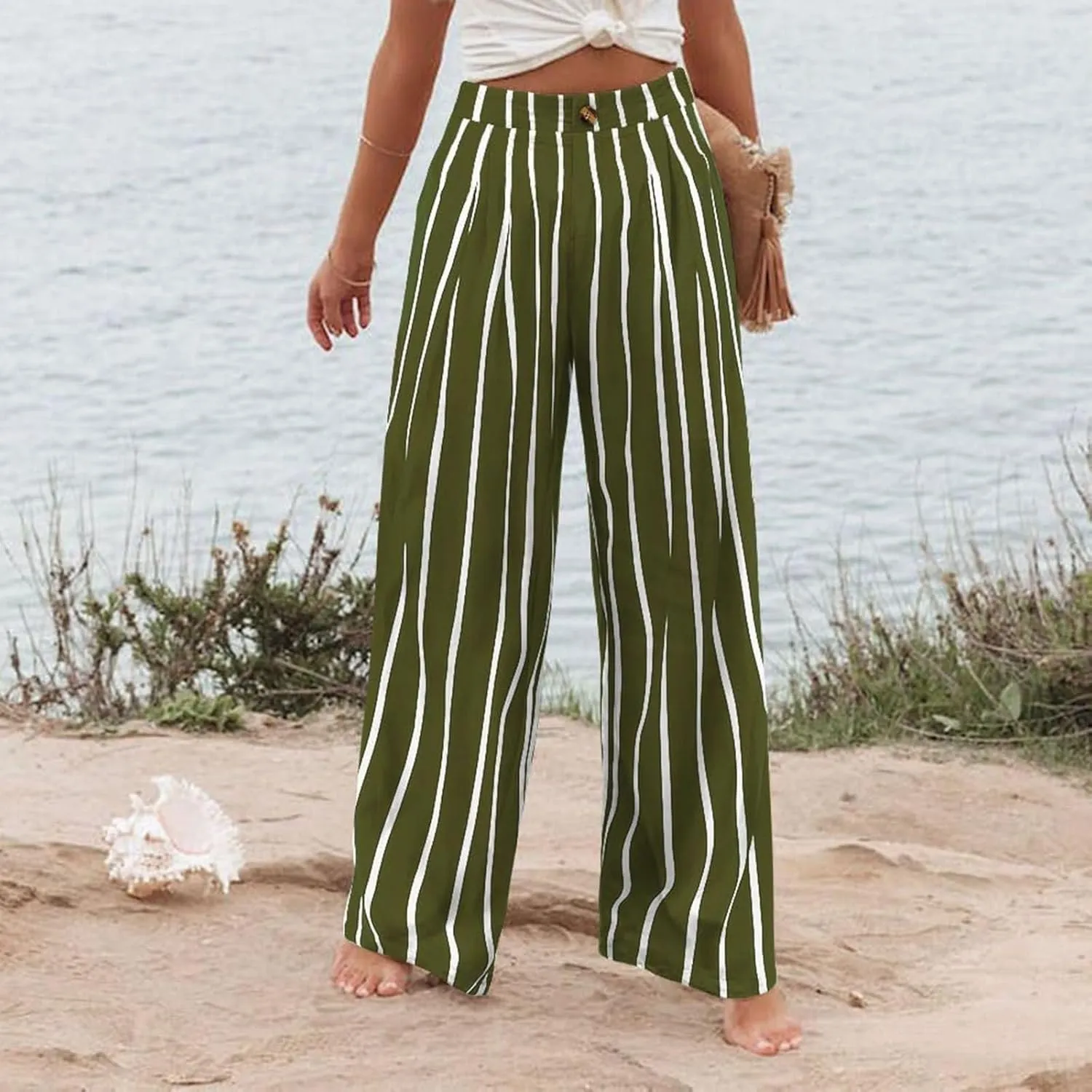Women's Solid Color Casual High Waisted Buttoned Elastic Pocket Wide Leg Straight Dressy Loose Fit Pants