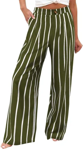 Women's Solid Color Casual High Waisted Buttoned Elastic Pocket Wide Leg Straight Dressy Loose Fit Pants