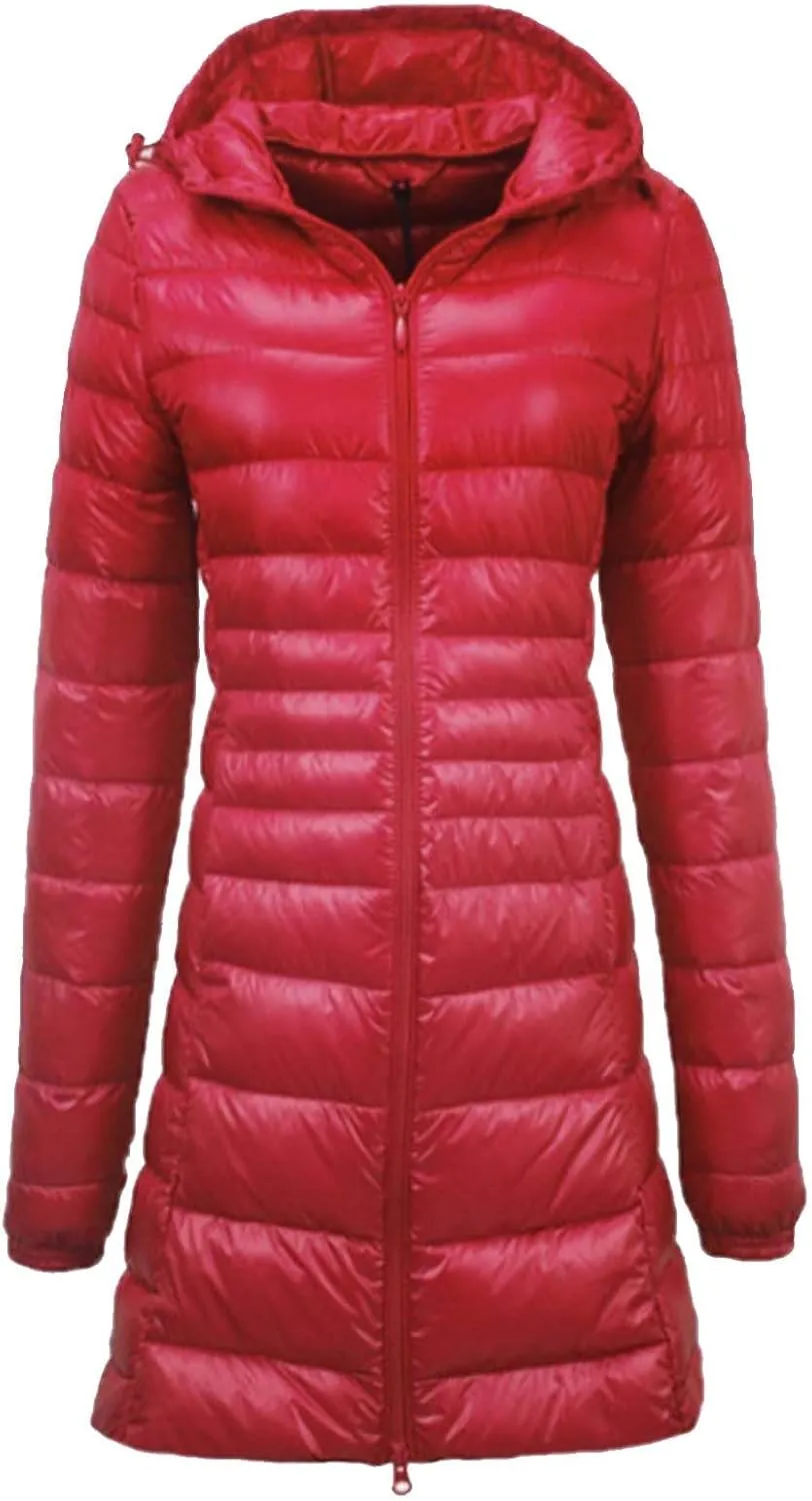 Women's Solid Color Mid Length Hooded Down Jacket with Drawstring Slim Fit Portable Outerwear Warmest Winter for