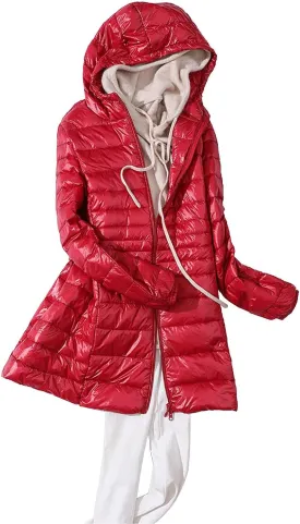 Women's Solid Color Mid Length Hooded Down Jacket with Drawstring Slim Fit Portable Outerwear Warmest Winter for