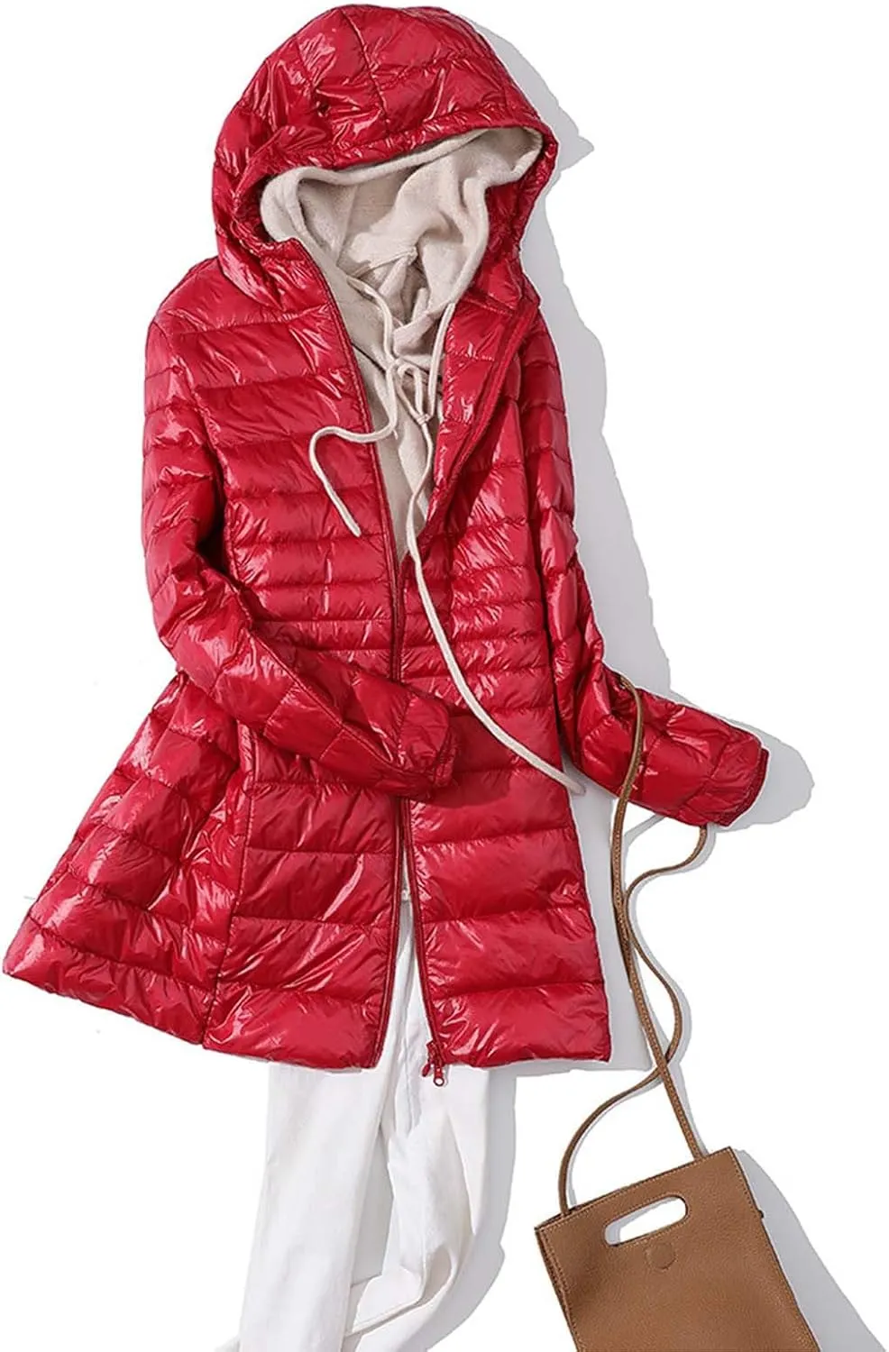 Women's Solid Color Mid Length Hooded Down Jacket with Drawstring Slim Fit Portable Outerwear Warmest Winter for